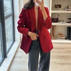 Zara Velvet one Button  Valentines Blazer in red size L